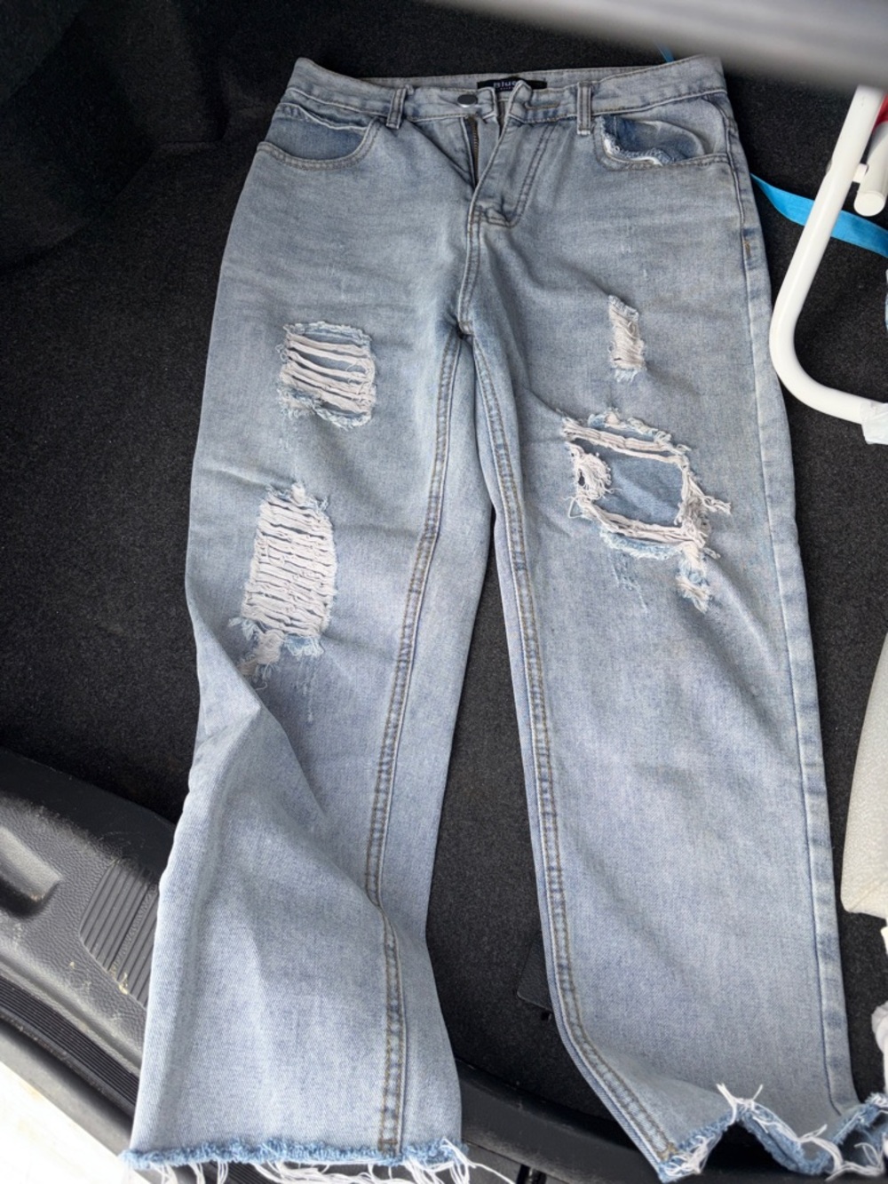 Light Blue Distressed Straight Leg Jeans - Women's